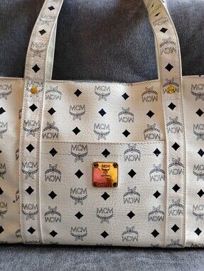 MCM Visetos Leather Tote Shoulder Bag White/Navy